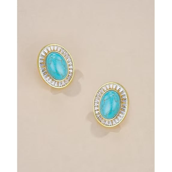 SNGIA 18K Gold Plated Oval Stud Earrings with CZ Halo, Statement Button Earrings for Women