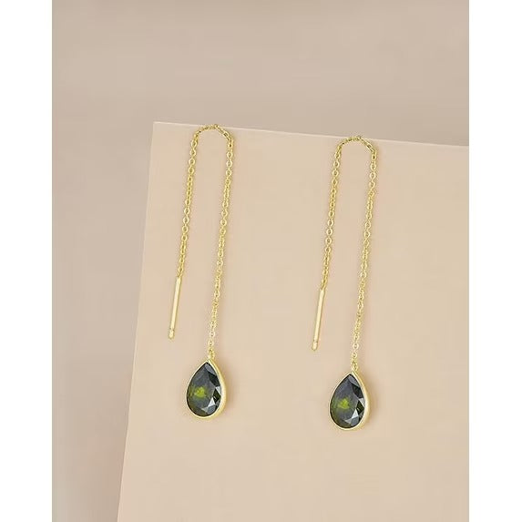 SNGIA 18K Gold Plated Threader Dangle Earrings for Women with Olive Teardrop Stone