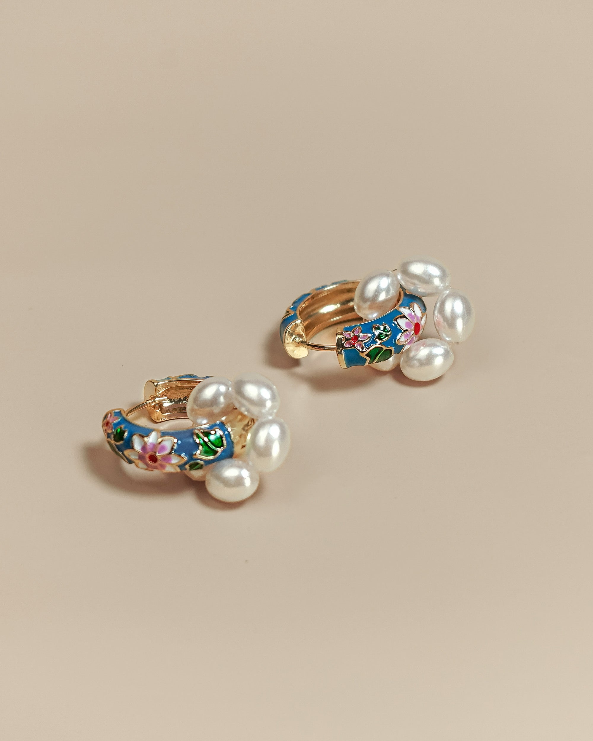 Porcelain Floral Hoop Earrings In Gold Tone With Pearl Style Accent