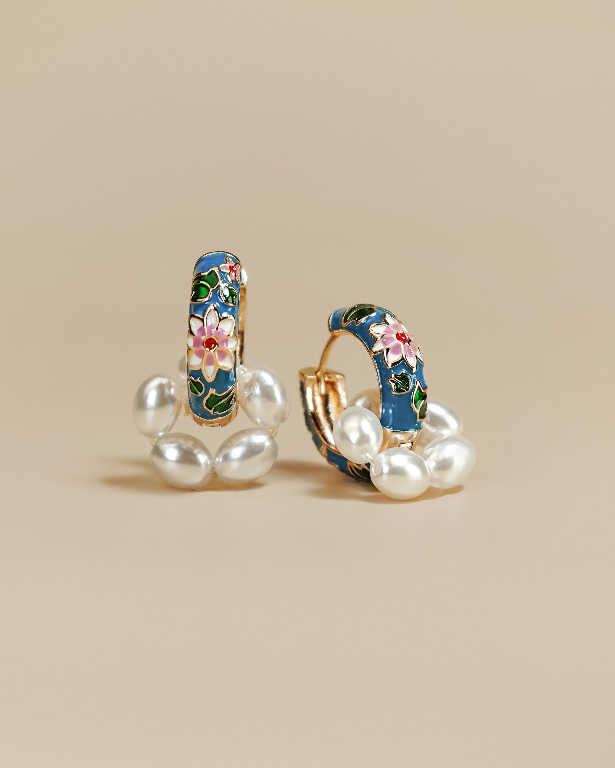 Porcelain Floral Hoop Earrings In Gold Tone With Pearl Style Accent