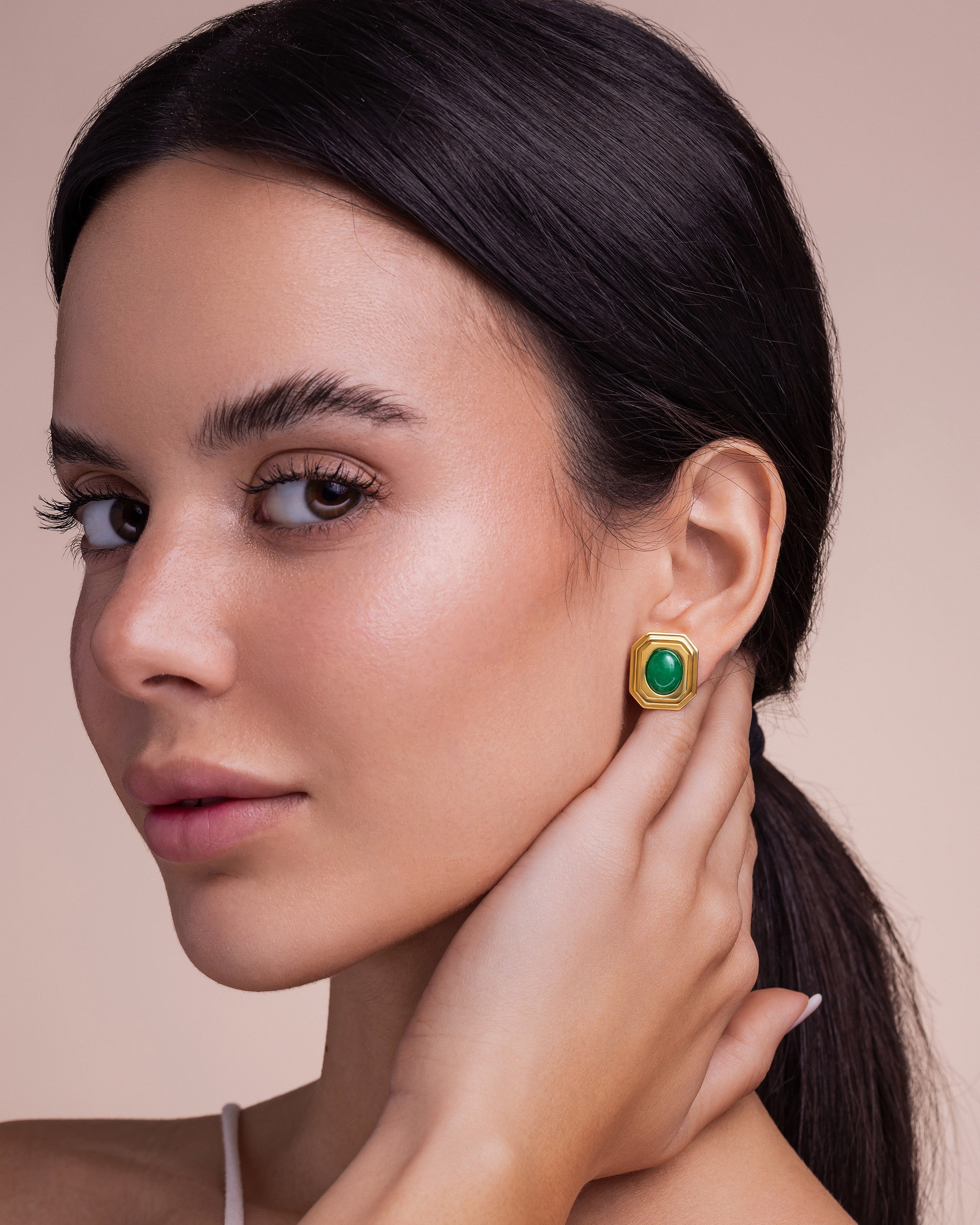 Gold Jade Square Stud Earrings