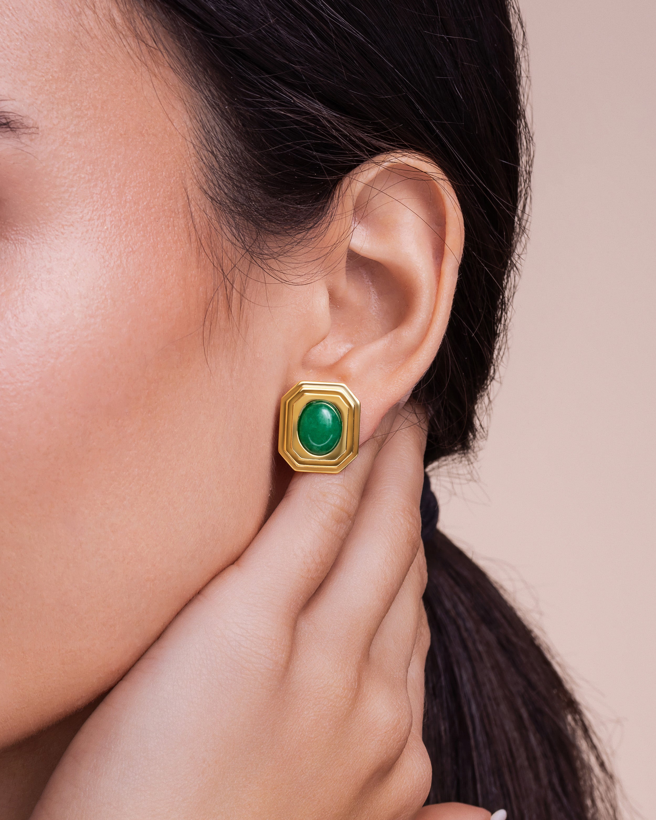 Gold Jade Square Stud Earrings