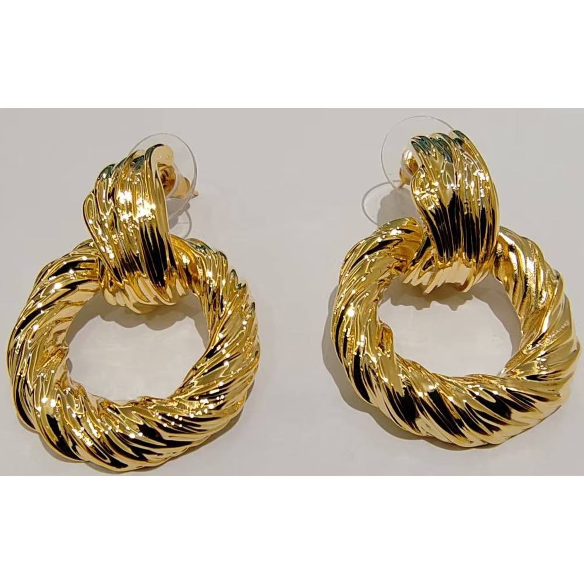 Gold Tone Textured Open Circle Drop Earrings for Women, Twisted Statement Stud Earrings