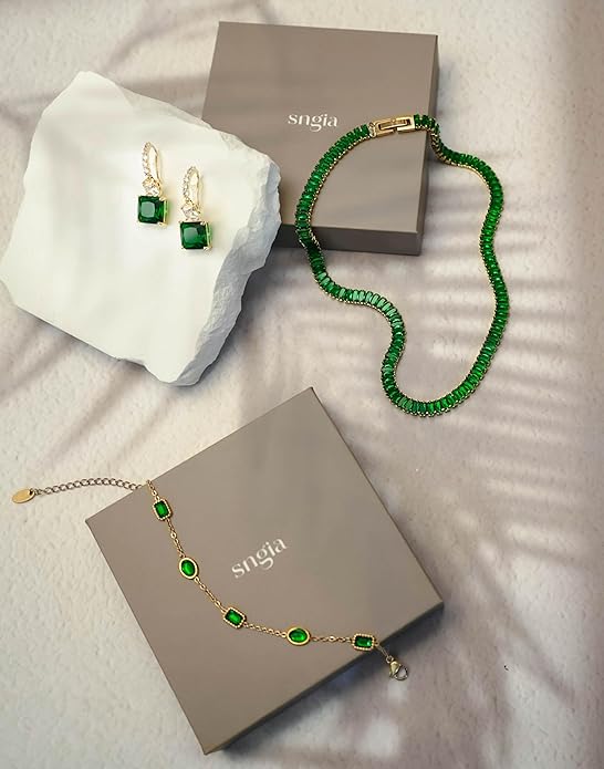 Gold Emerald Stone Beads Station Bracelet