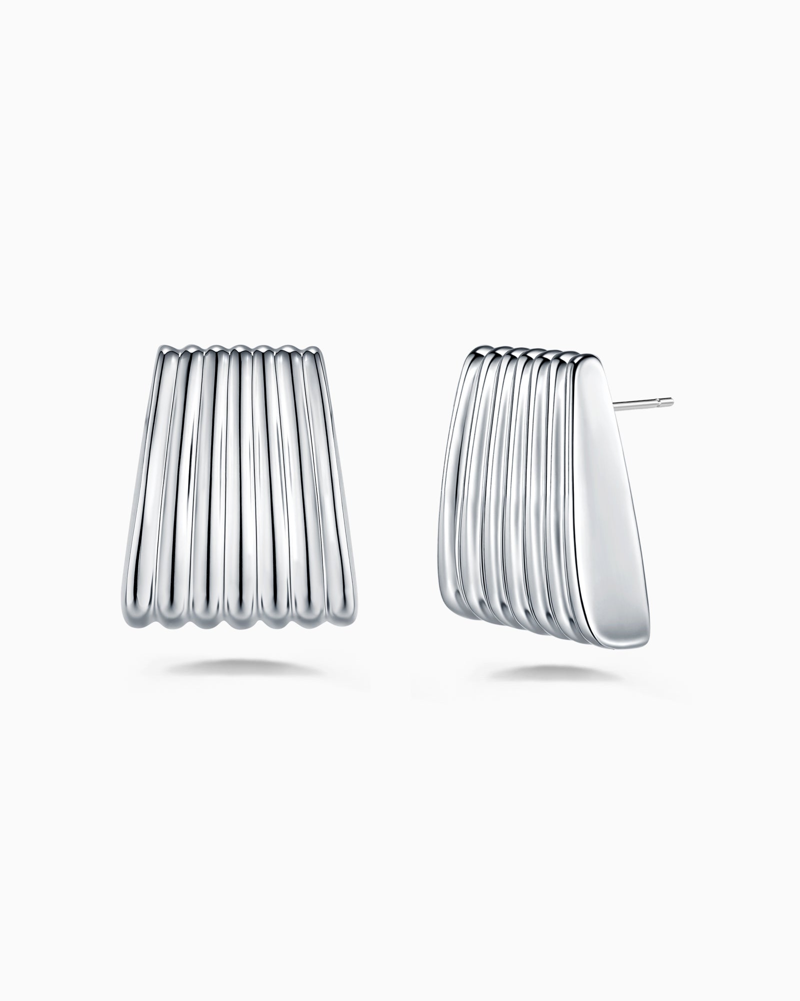 Square Trapezoid White Gold Ribbed Chunky Stud Earrings