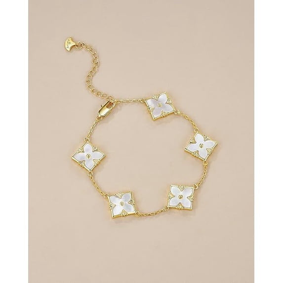 18K Gold Plated Mother of Pearl Clover Bracelet, Adjustable Floral Link Bracelet for Women
