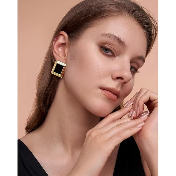 SNGIA 18K Gold Plated Black Square Statement Dangle Stud Earrings for Women