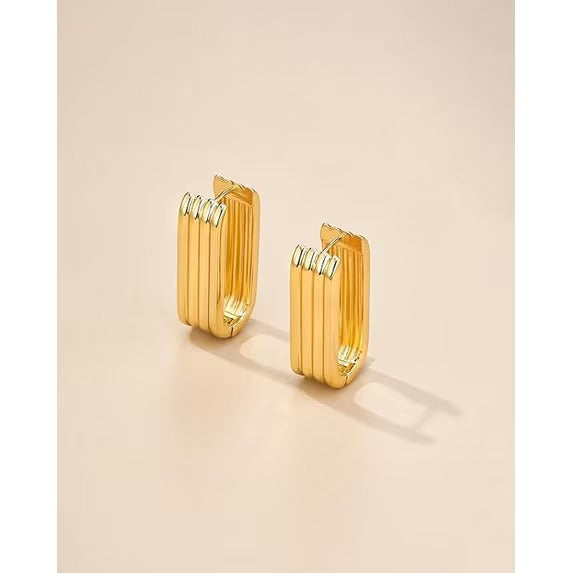 SNGIA 18K Gold Plated Ribbed Oval Hoop Earrings for Women, Chunky Geometric Statement Studs