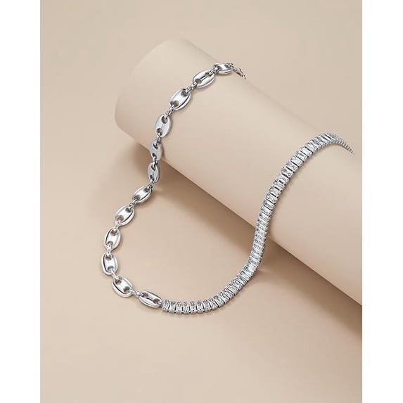 SNGIA Silver Plated CZ Half Tennis Link Choker Necklace for Women, Statement Chain Jewelry