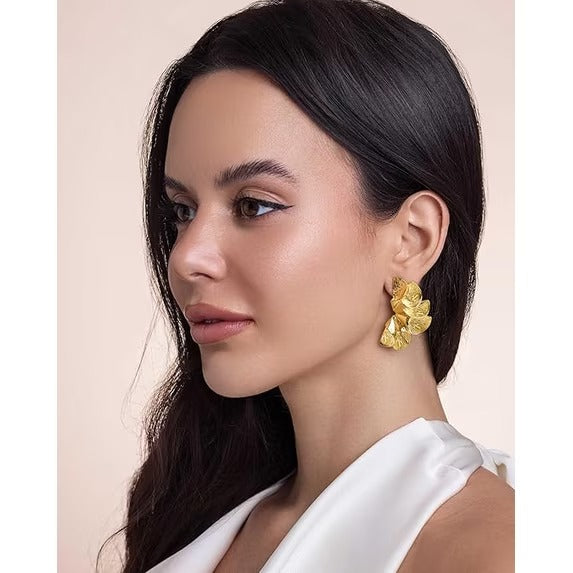 SNGIA 18K Gold Plated Large Floral Statement Drop Earrings for Women, Textured Dangle Style