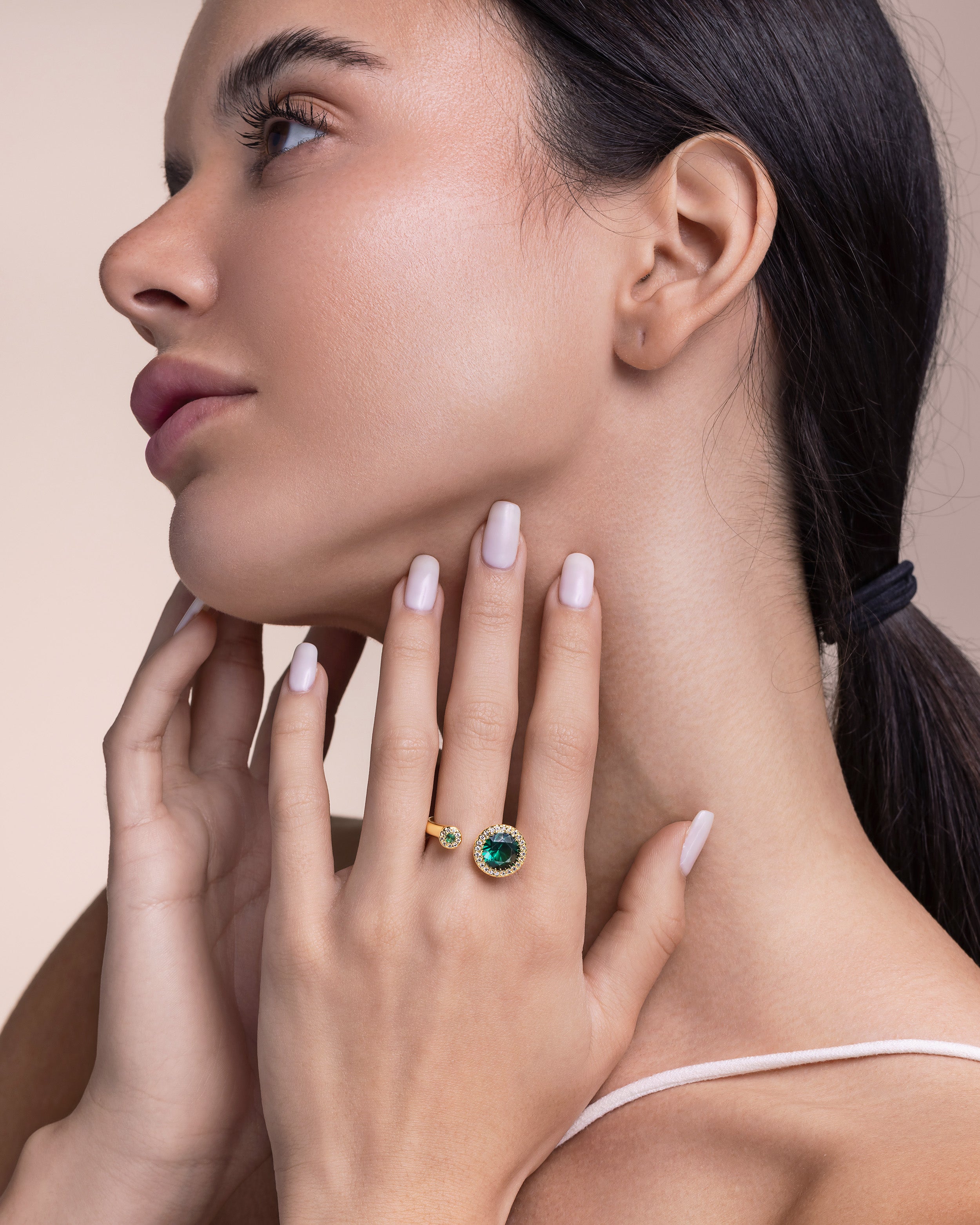 Dual Emerald Stone Adjustable Ring with CZ