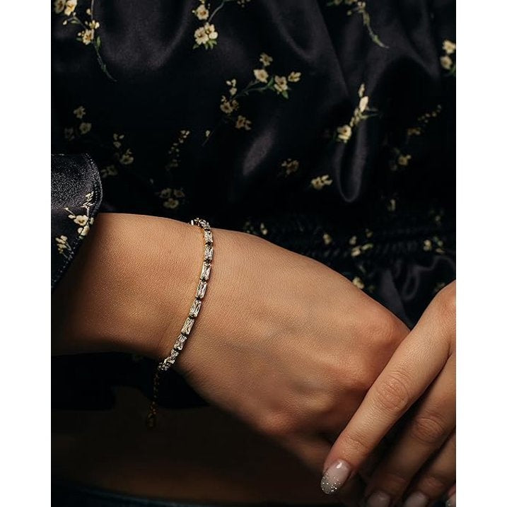 Gold Tone CZ Tennis Bracelet for Women, Rectangular Clear Stone Link Bracelet with Extender