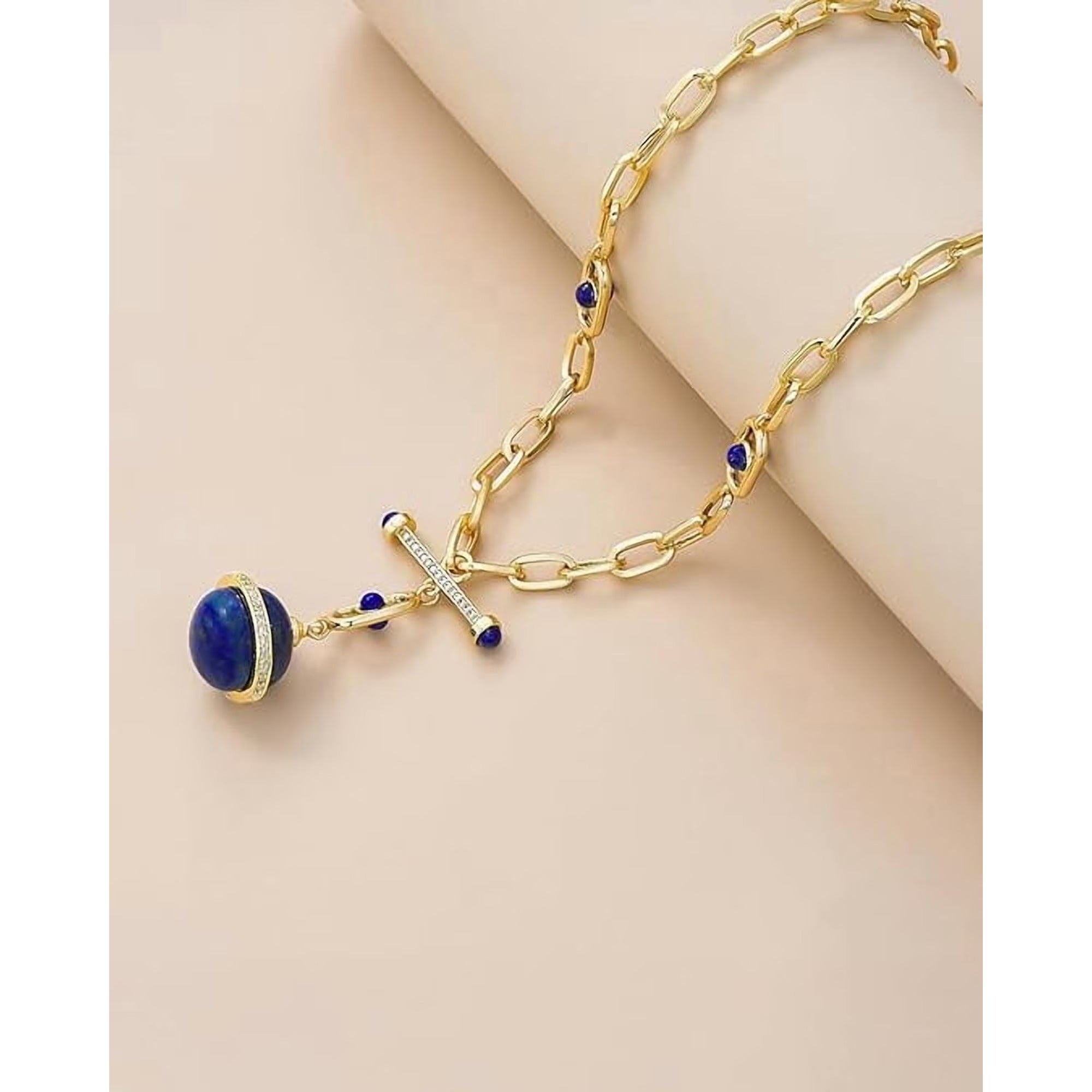 SNGIA 18K Gold Plated Lapis Lazuli Statement Pendant Necklace for Women, Adjustable Chain