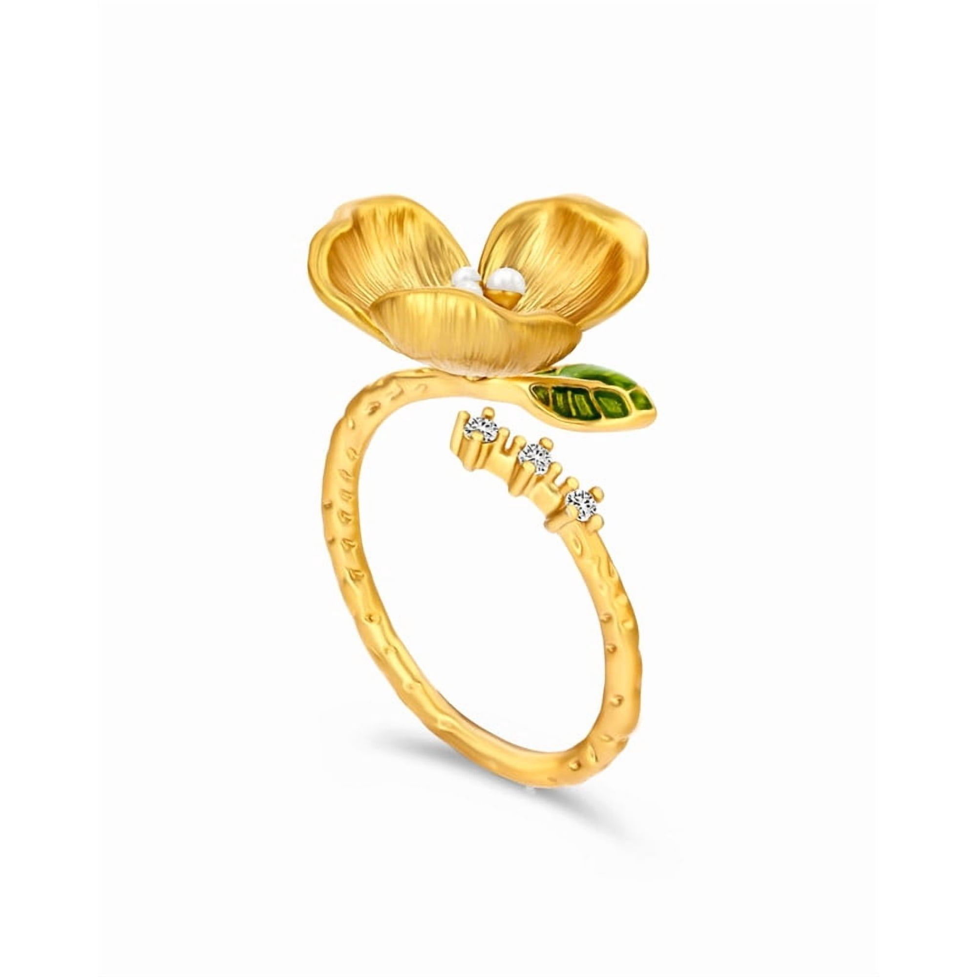 Gold Tone Floral Adjustable Ring for Women with Textured Petal Design