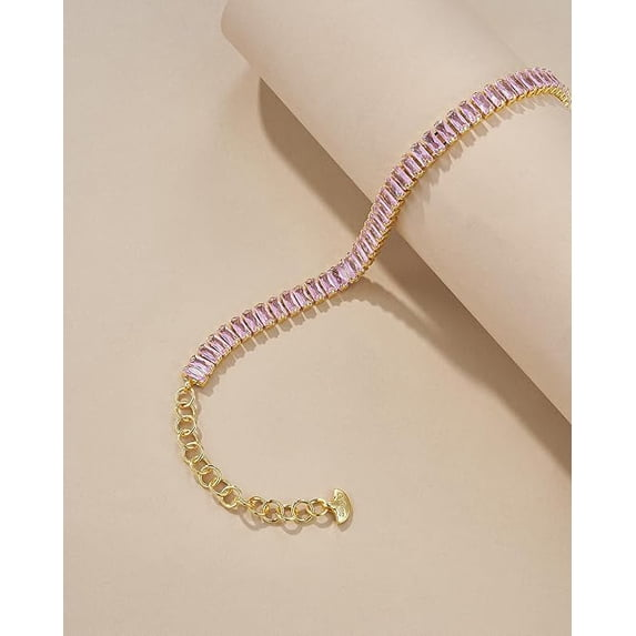 18K Gold Plated Adjustable Tennis Bracelet for Women, Baguette CZ - Rose