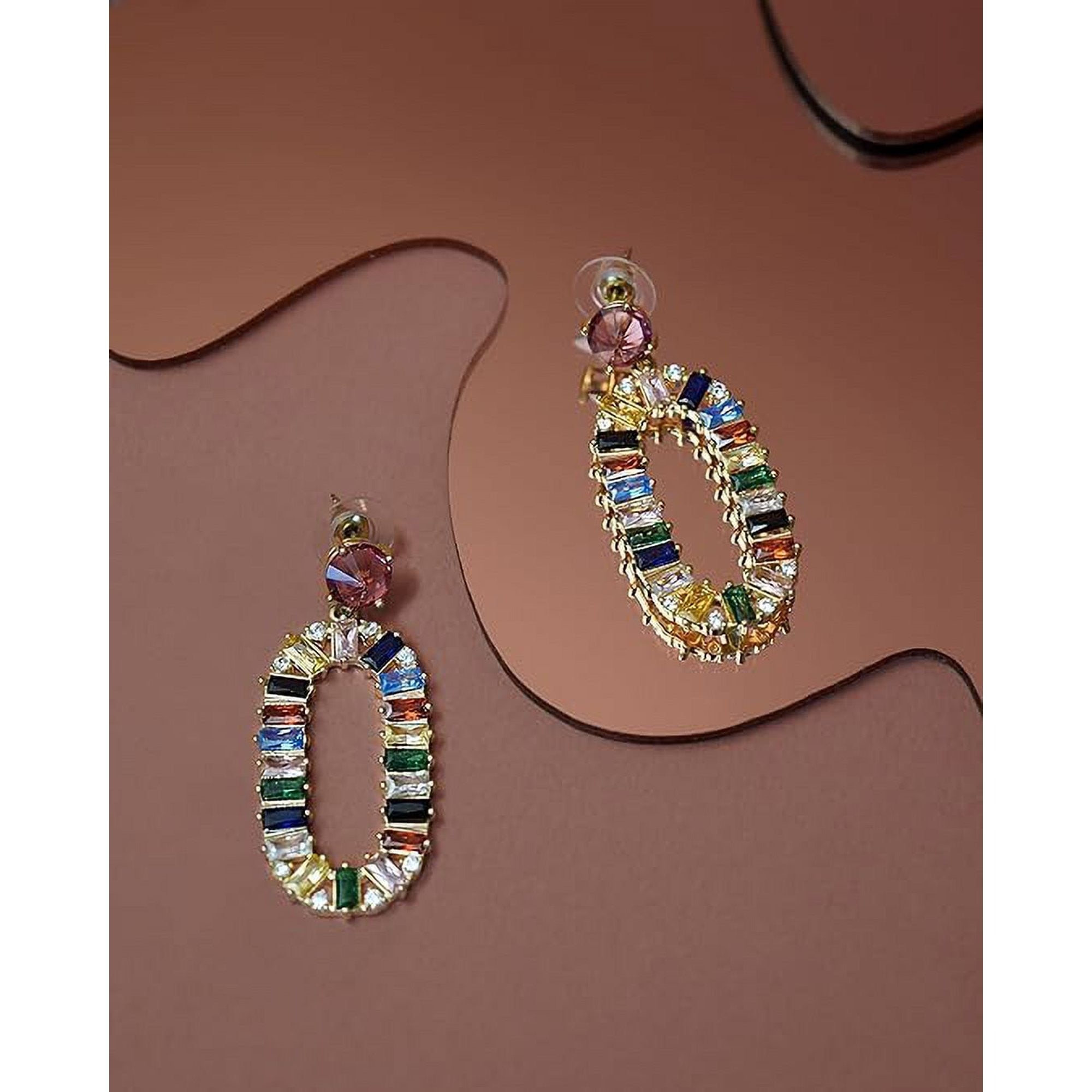 SNGIA Gold Plated Multicolor Geometric Dangle Earrings with Pink Red Rhinestone Stud Top