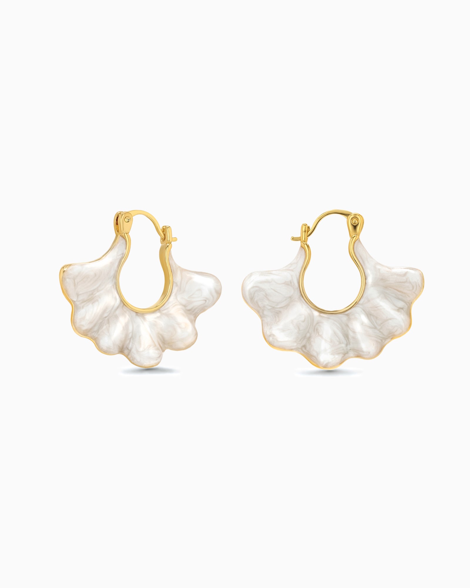 Gold Cream Enamel Shell Fan Earrings