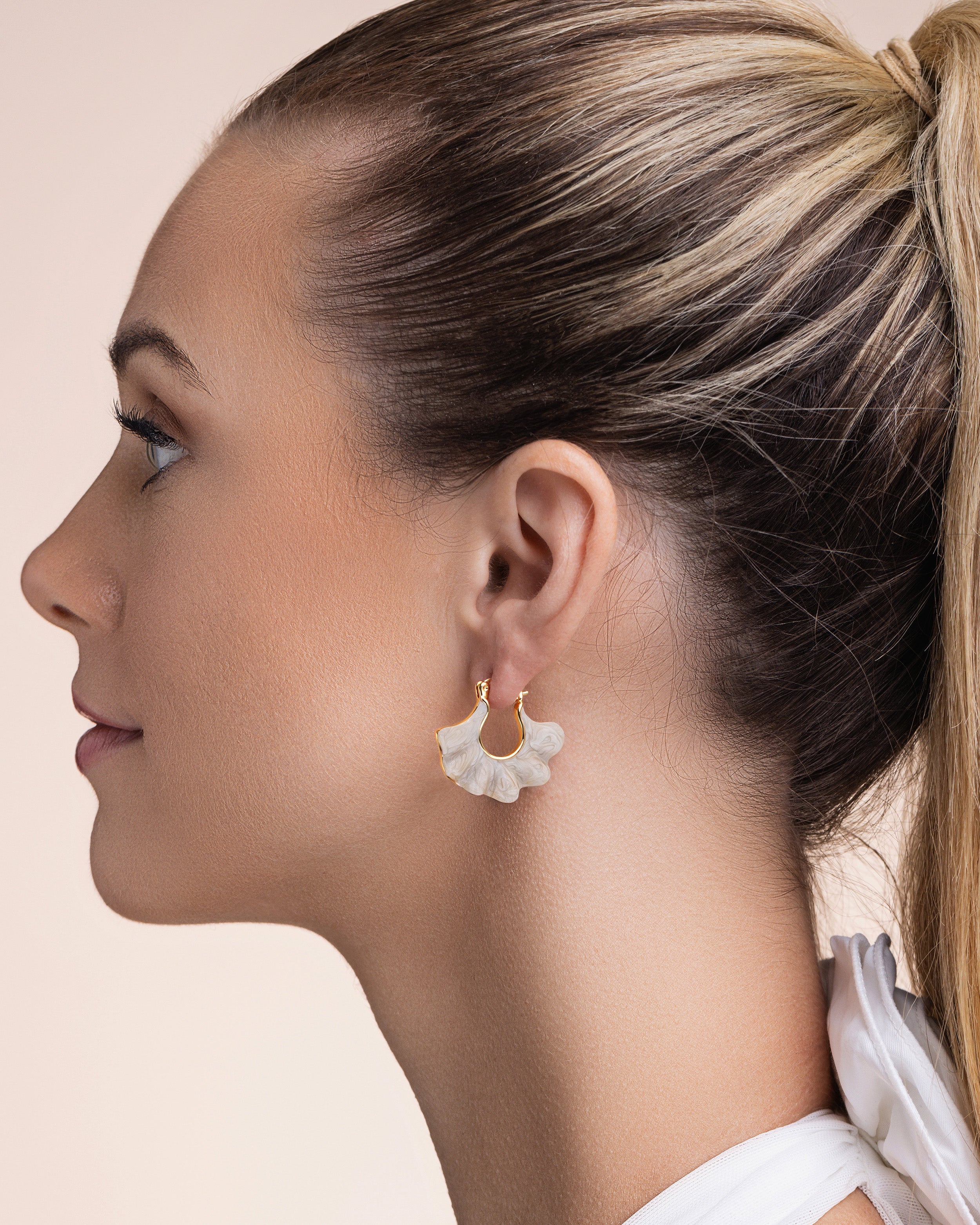 Gold Cream Enamel Shell Fan Earrings