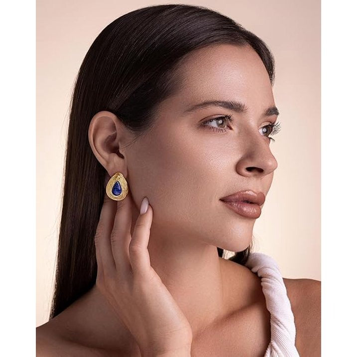 SNGIA 18K Gold Plated Lapis Lazuli Statement Stud Earrings for Women, Textured Teardrop Design