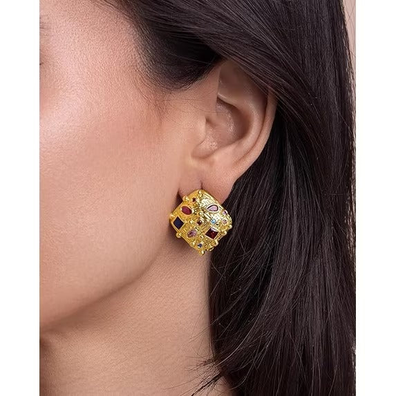 SNGIA 18K Gold Plated Colorful CZ Statement Stud Earrings for Women, Textured Geometric Design