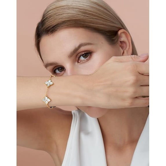 18K Gold Plated Mother of Pearl Clover Bracelet for Women, Adjustable Floral Link Bracelet