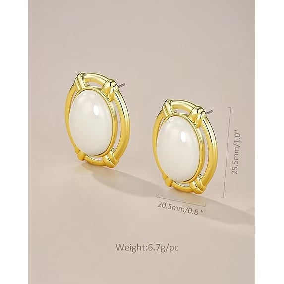 SNGIA Gold Plated Oval Butter Gemstone Stud Earrings Large Statement Button Design