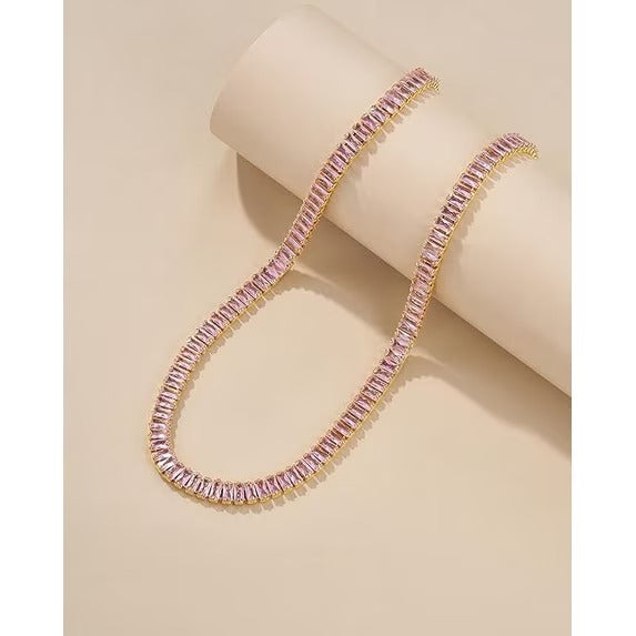 18K Gold Plated Rose Pink Baguette Crystal Tennis Choker Necklace for Women, Adjustable Statement Chain