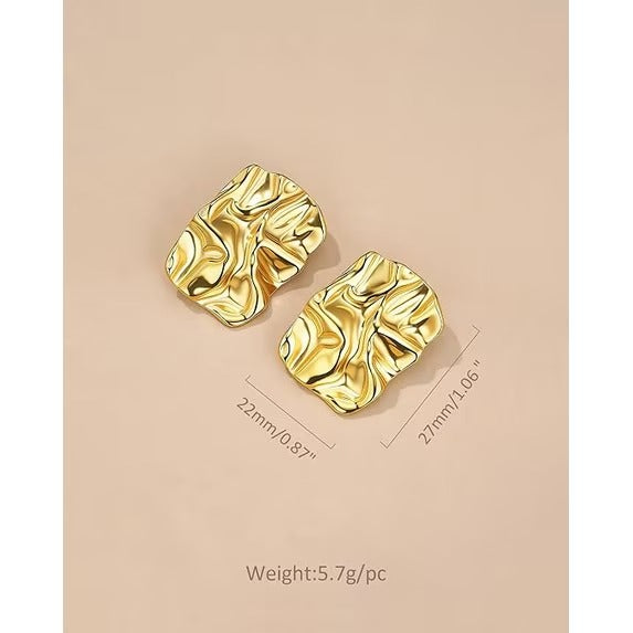 SNGIA 14K Gold Plated Textured Rectangular Stud Earrings for Women, Vintage Geometric Style
