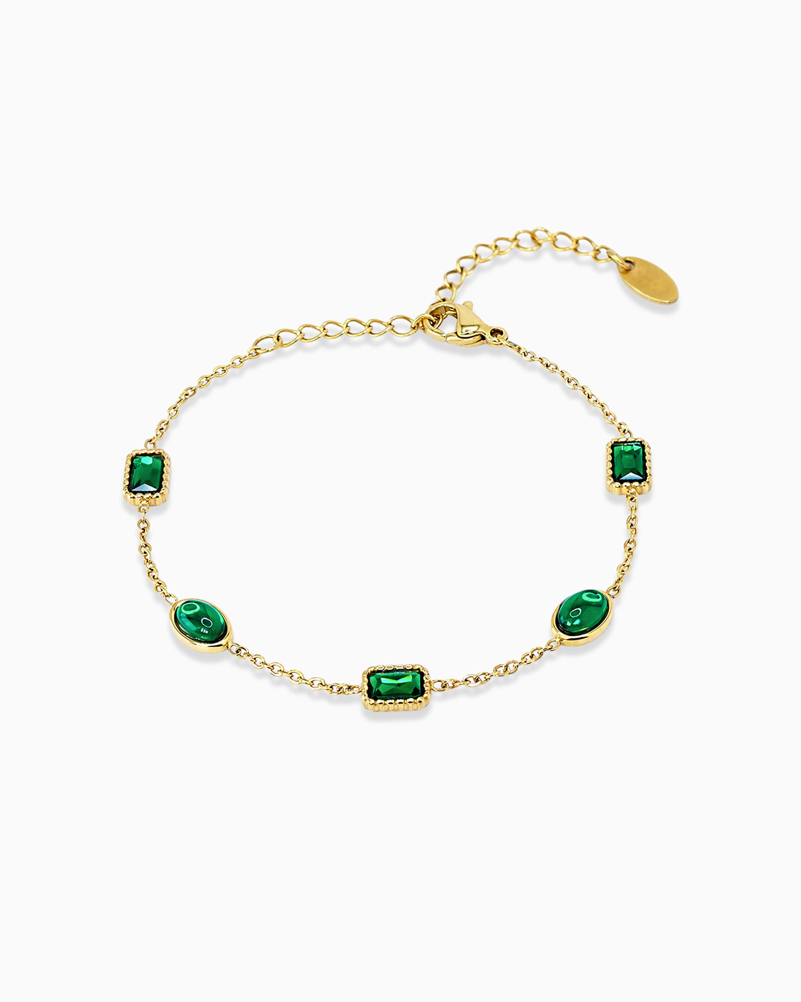 Gold Emerald Stone Beads Station Bracelet