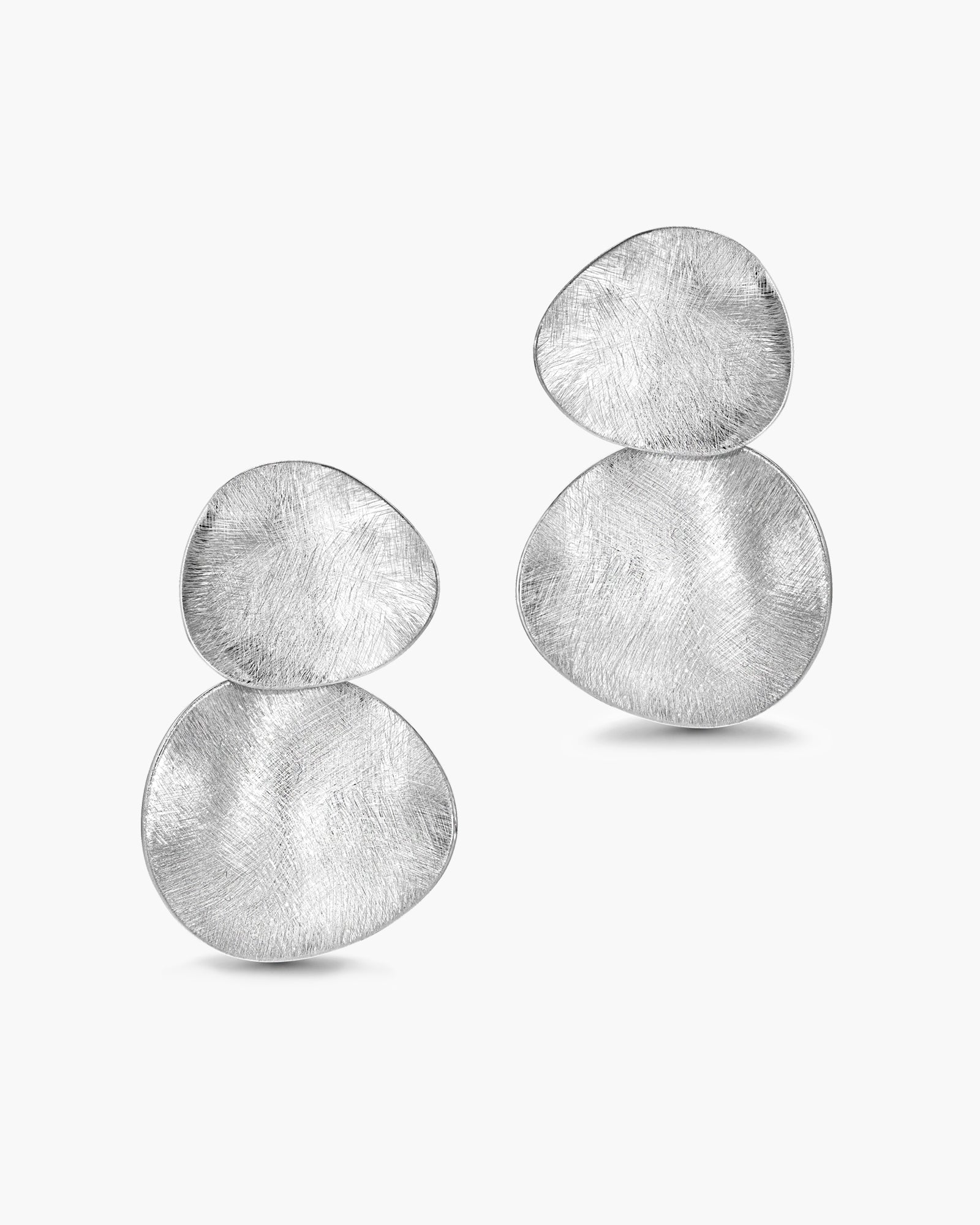 Large Silver Textured Geometric Dangle Statement Earrings - White Gold Plated