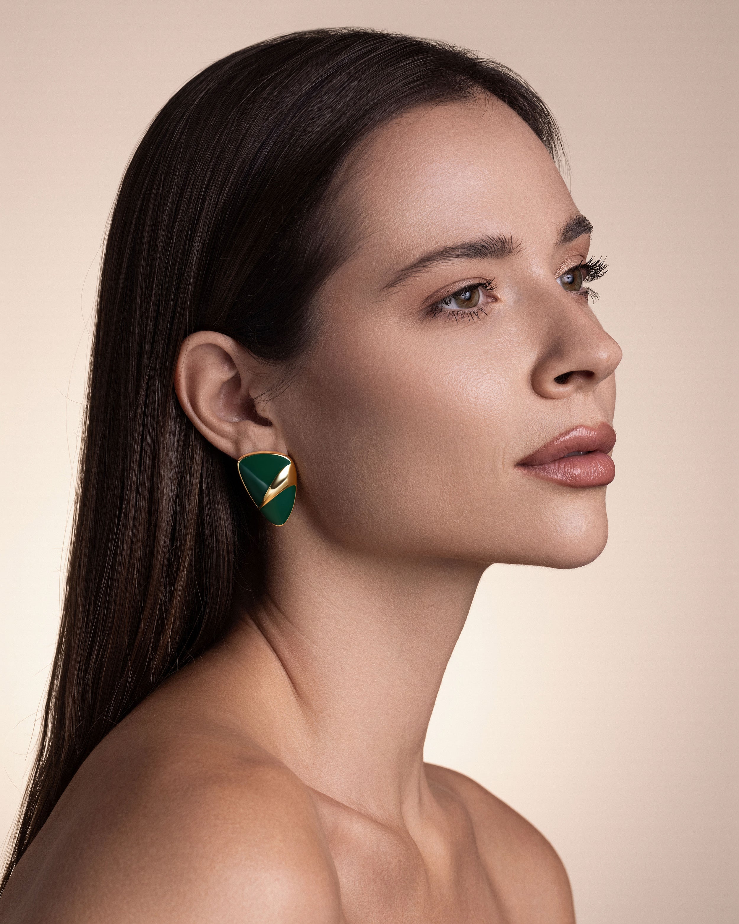 Shield Earrings In Gold Tone Green Enamel Style