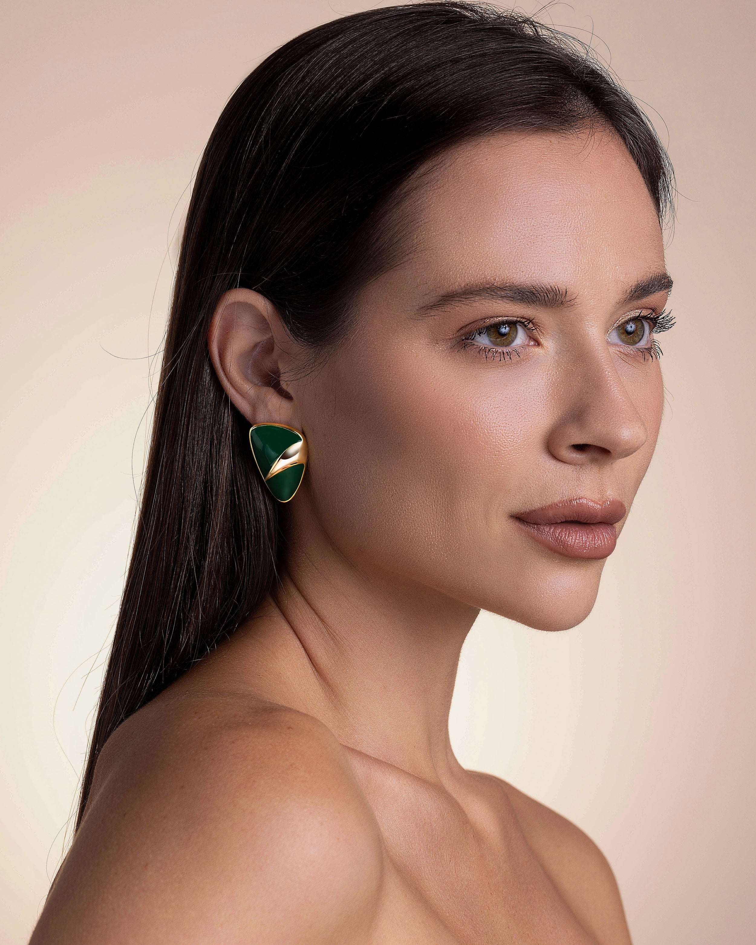 Gold Green Enamel Shield Earrings