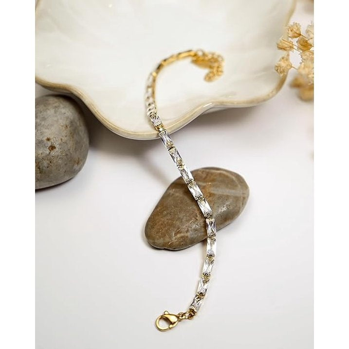 Gold Tone CZ Tennis Bracelet for Women, Rectangular Clear Stone Link Bracelet with Extender
