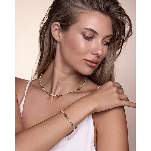 Adjustable Natural Stone Beaded Bracelet for Women, 18K Gold Plated Multicolor Chain Bracelet