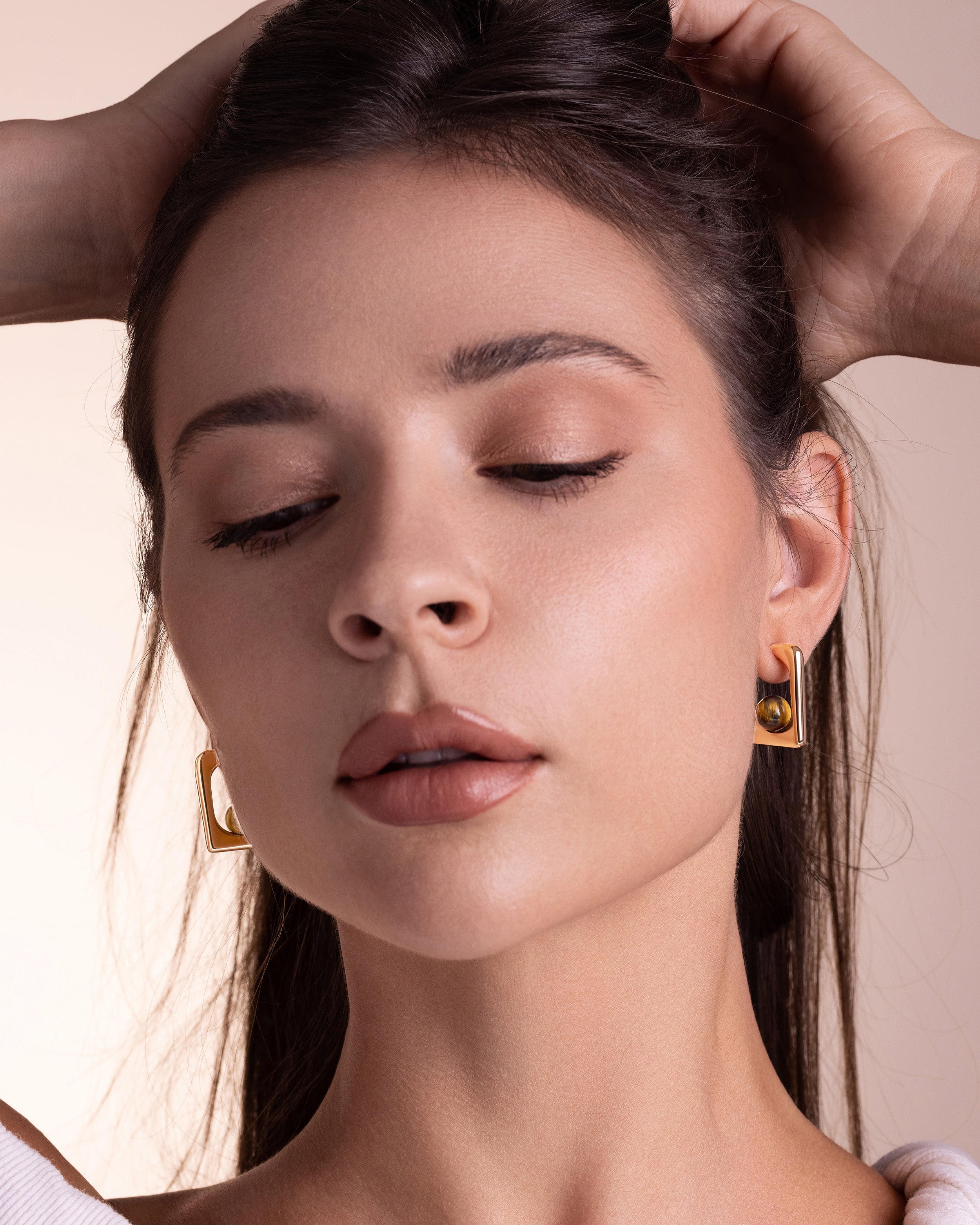 Gold Tiger Eye Open Square Dangle Earrings