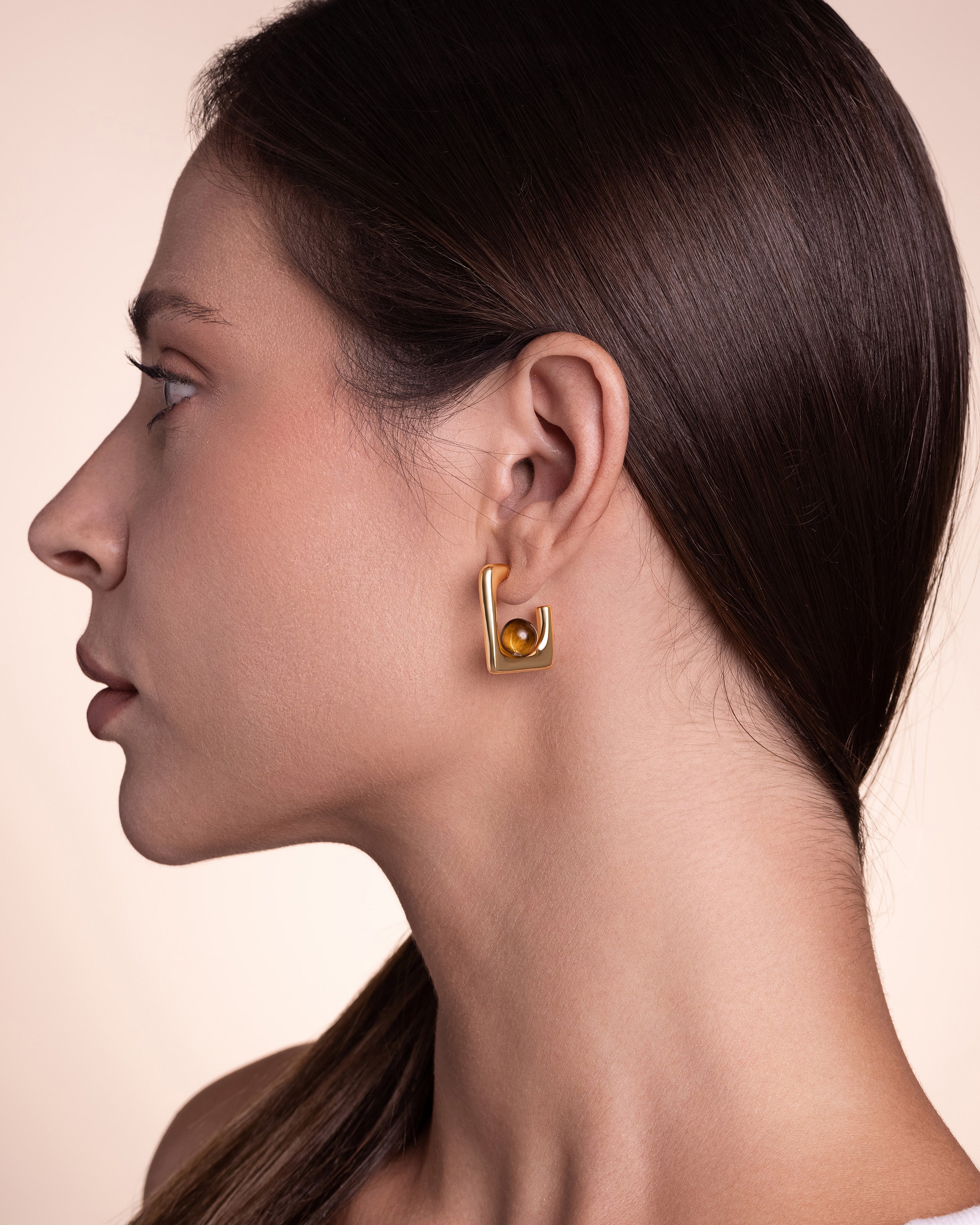 Open Square Dangle Earrings In Gold Tone Tiger Eye Style
