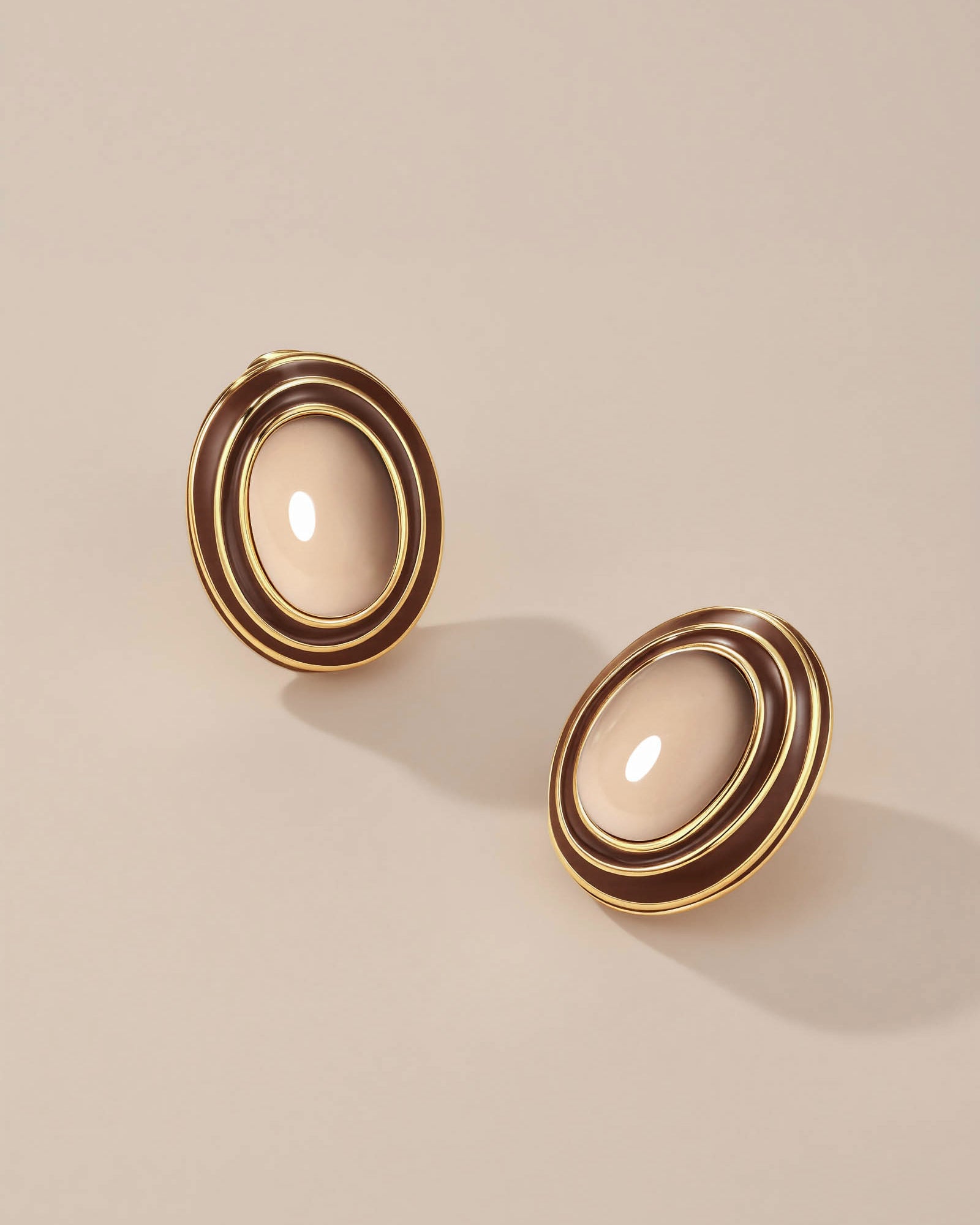 Brown Beige Enamel Chunky Oval Dome Earrings