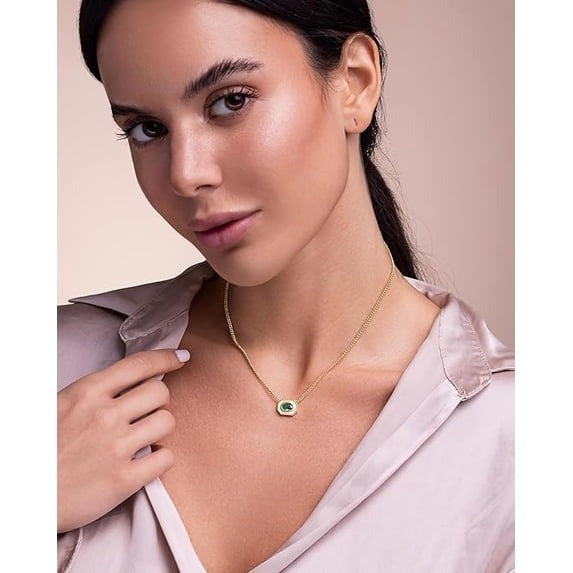 18K Gold Plated Oval Green CZ Pendant Necklace Adjustable Chain Statement Jewelry
