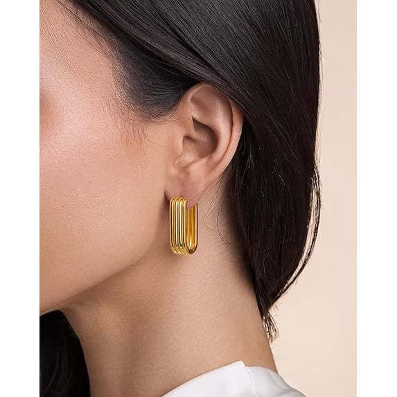 SNGIA 18K Gold Plated Ribbed Oval Hoop Earrings for Women, Chunky Geometric Statement Studs