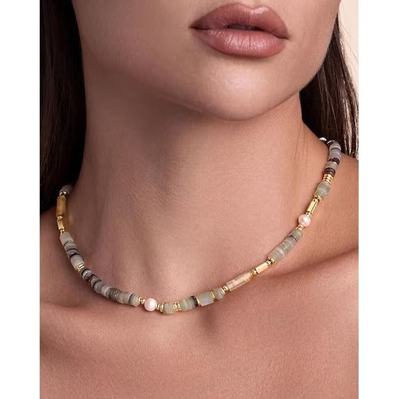 SNGIA 18K Gold Plated Multicolor Natural Stone Beaded Adjustable Choker Necklace for Women