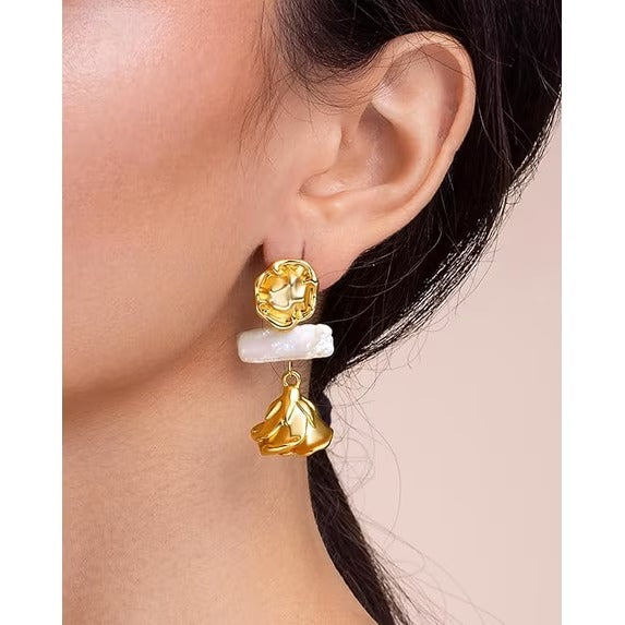 SNGIA 18K Gold Plated Floral Pearl Dangle Earrings for Women, Rose Petal Statement Drop Earrings