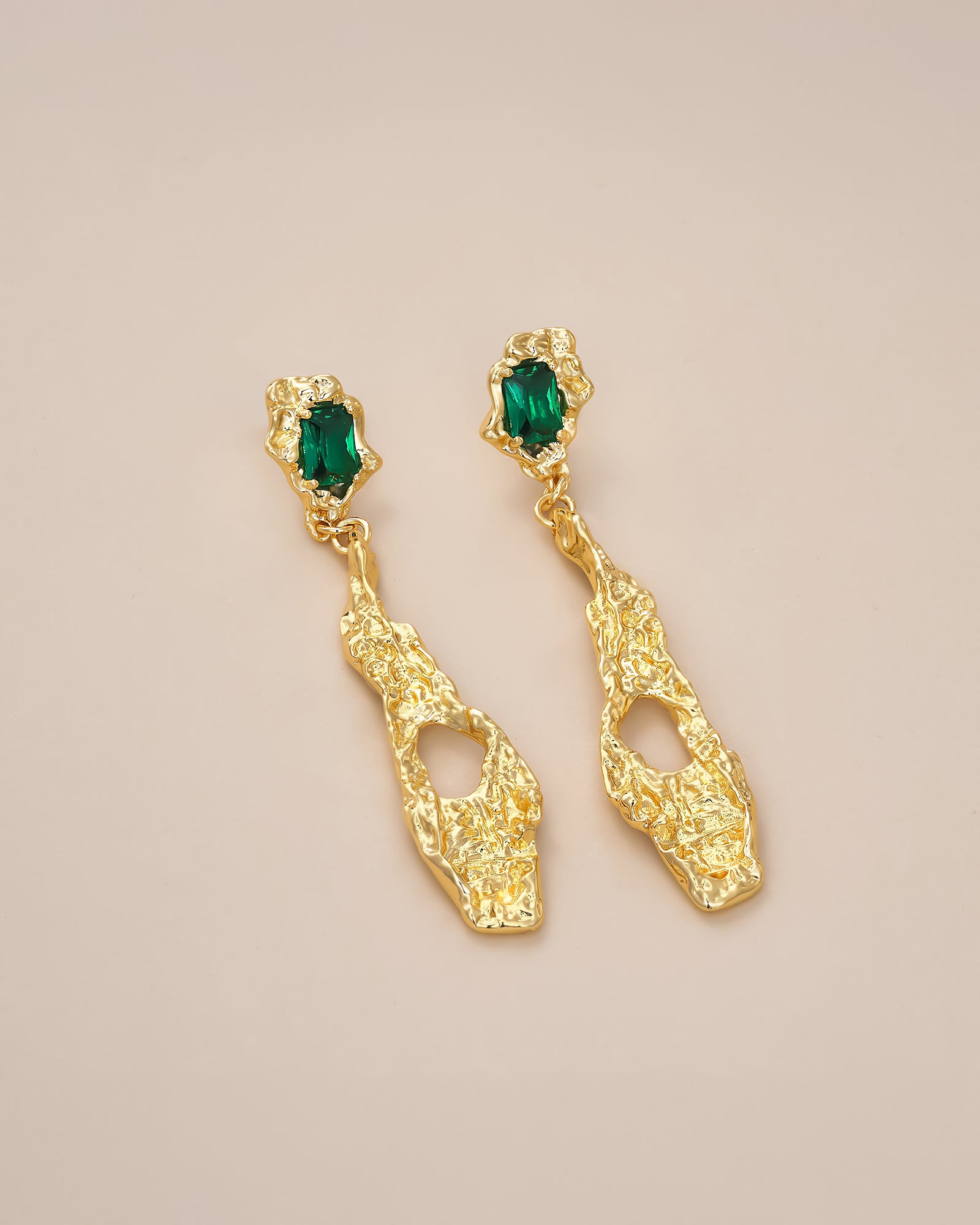 Gold Abstract Vintage Boho Dangle Earrings with Green Emerald