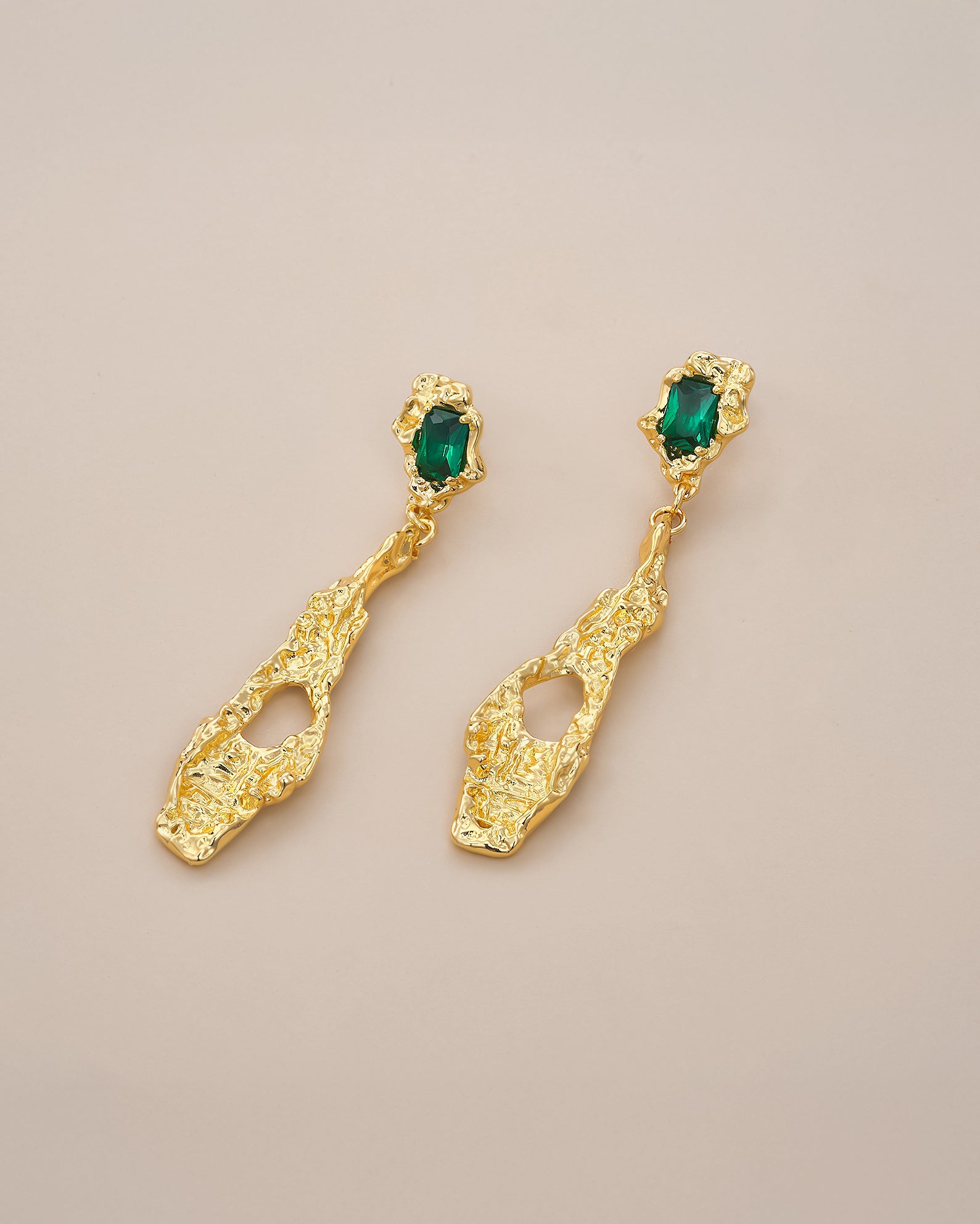 Gold Abstract Vintage Boho Dangle Earrings with Green Emerald