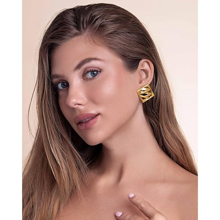 SNGIA 18K Gold Plated Square Stud Earrings for Women with Textured Leaf Design