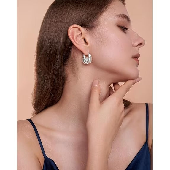 SNGIA Braided Chunky Hoop Earrings for Women, 18K Gold Plated or Silver Tone Ribbed Design