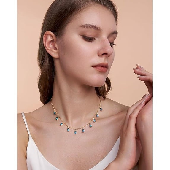 SNGIA 18K Gold Plated Teal Rectangular Stone Dangle Choker Necklace for Women