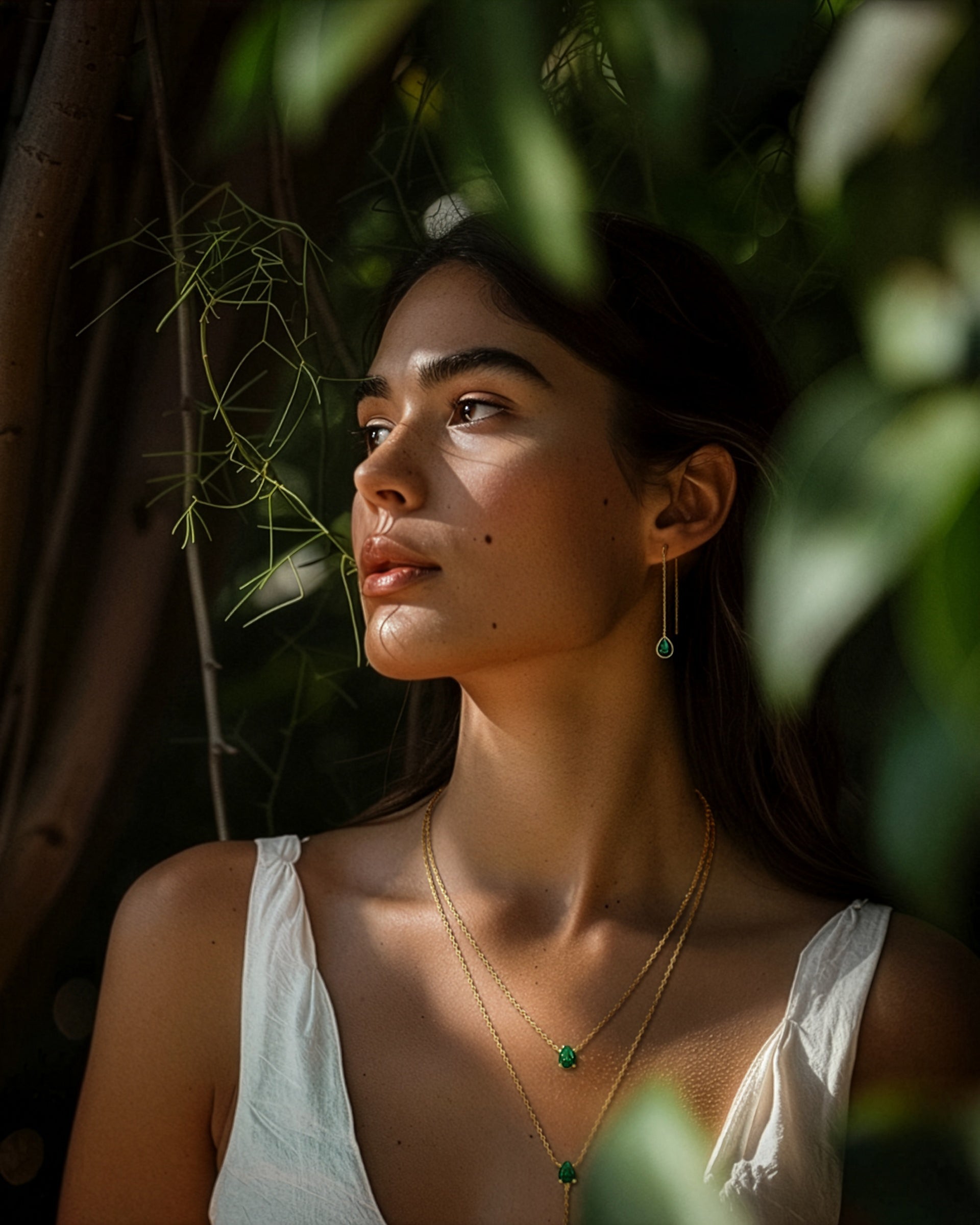 Gold Triple Layered Stacking Green Emerald Necklace