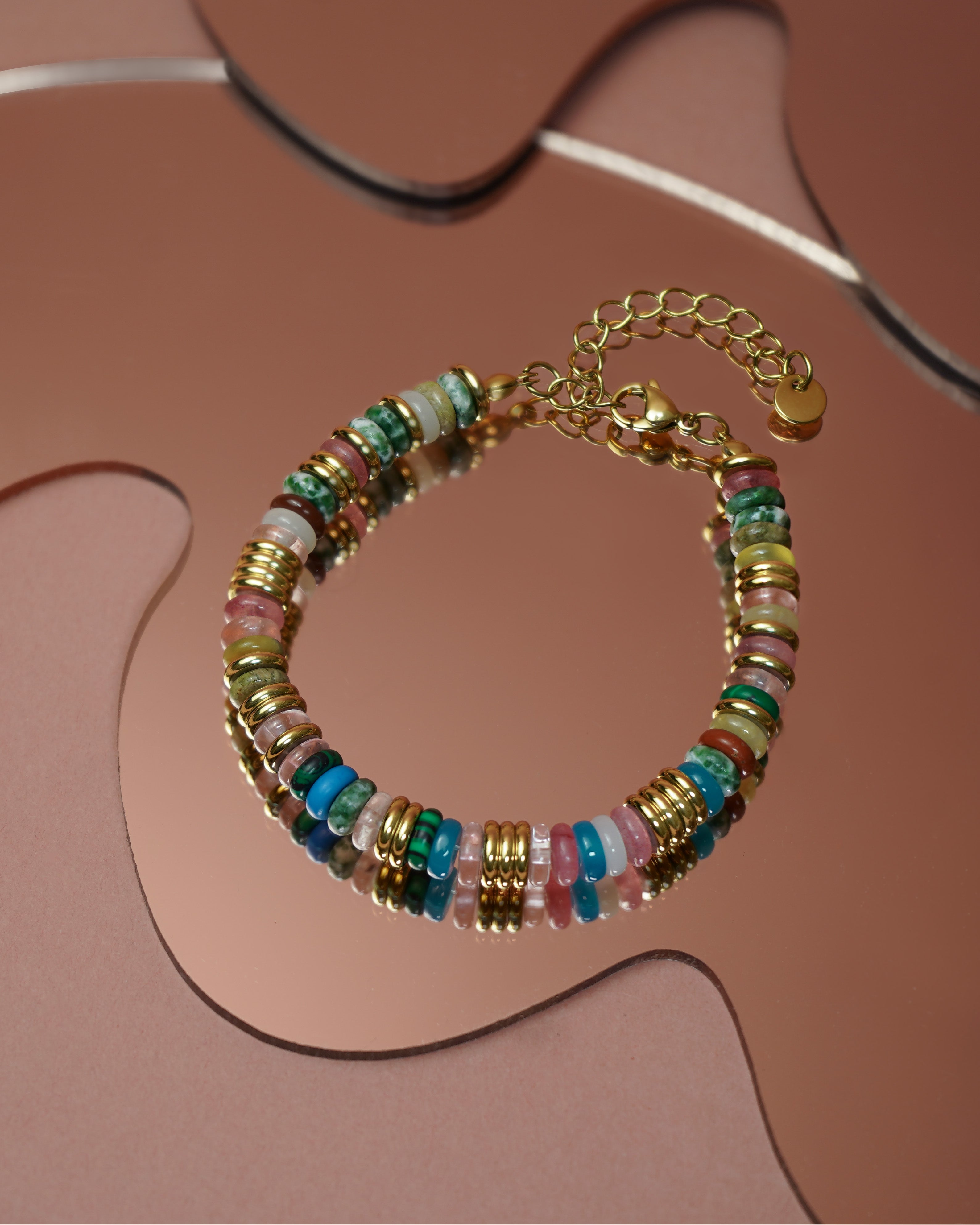 Natural Stone Style Bead Bracelet In Gold Tone Candy Color