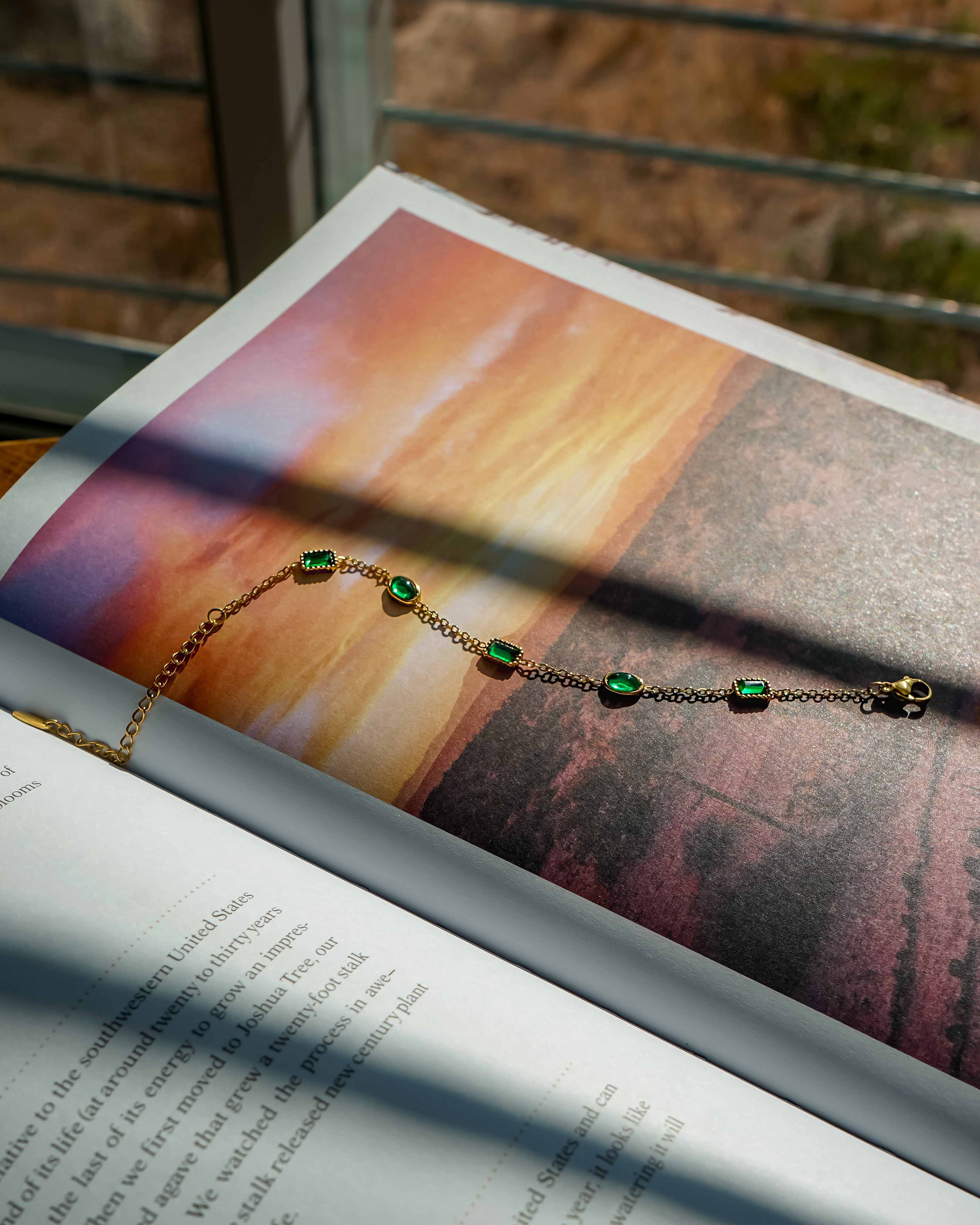 Gold Emerald Stone Beads Station Bracelet