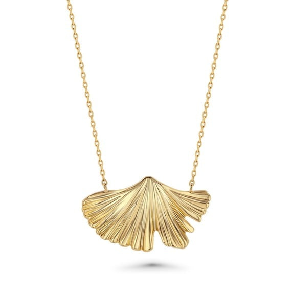 Gold Plated Ginkgo Leaf Pendant Necklace for Women, Textured Fan Design Chain Necklace